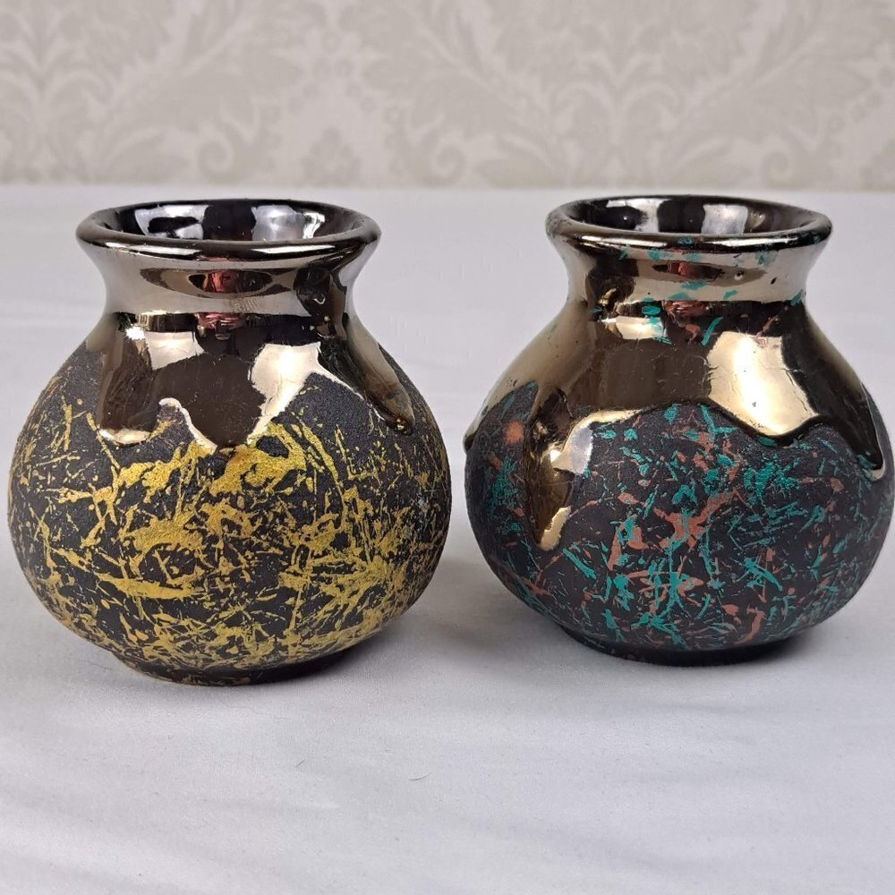 Set of 2 Small Pottery Vases with a Dripped Gold Glazed Rim